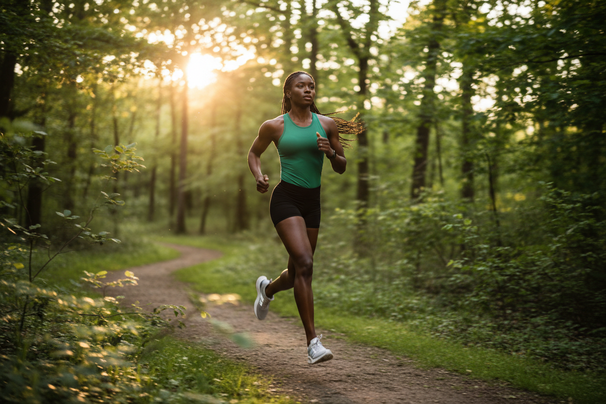 Woman running outdoors in natural light-exercise